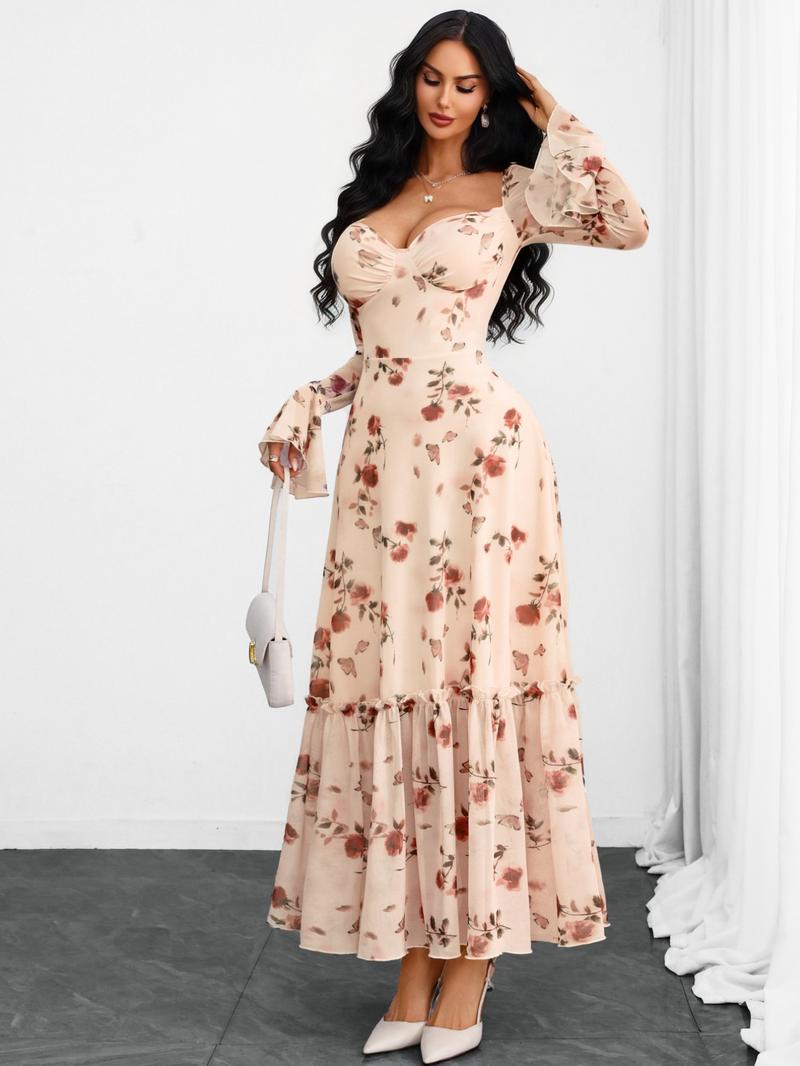 Elegant French Style V-Neck Mesh Dress, Rose Print Layered Backless Design, Breathable Waist Cinching, Romantic Women's Fashion