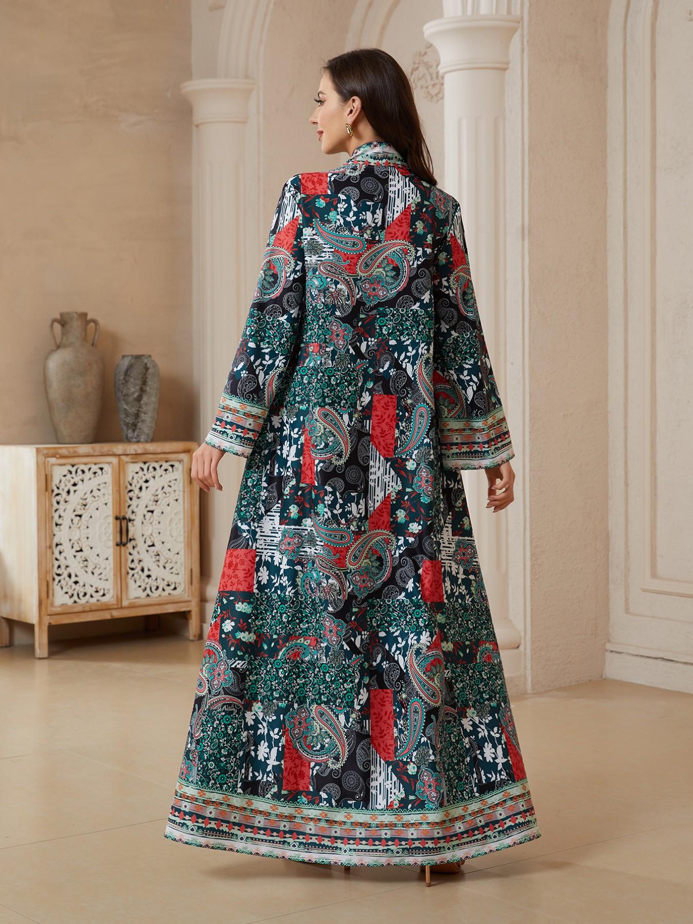 Middle Eastern Ramadan Eid Abaya, Ink Colorblock Cashmere Flower Long Robe, Dubai Style Luxury Kaftan Evening Gown