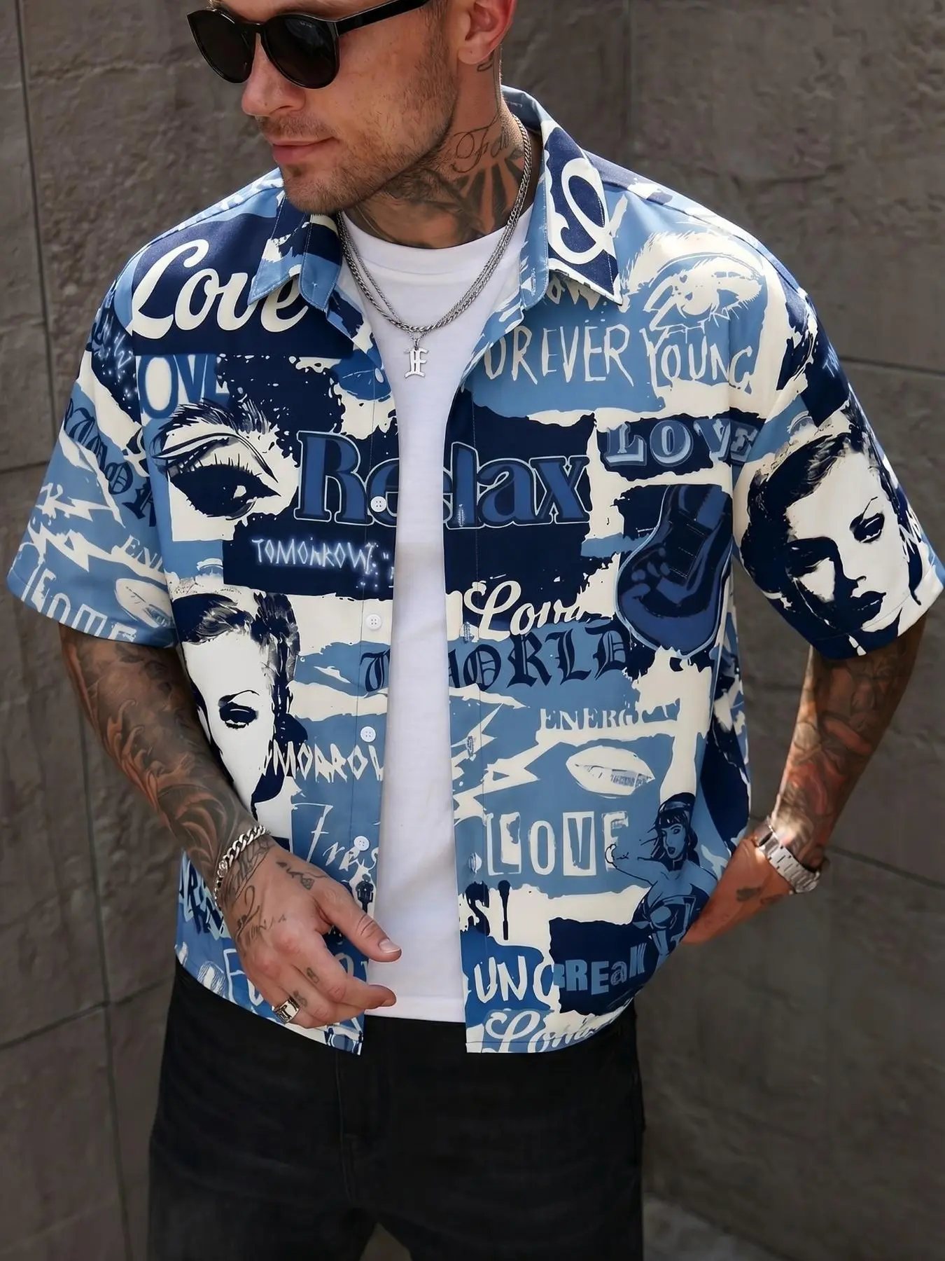 Men's Retro Pop Art Patchwork Print Short Sleeve Button-Down Shirt, Vintage Graffiti Style Top, Casual Loose-Fit All Seasons Wear, Vintage Graphic Shirt