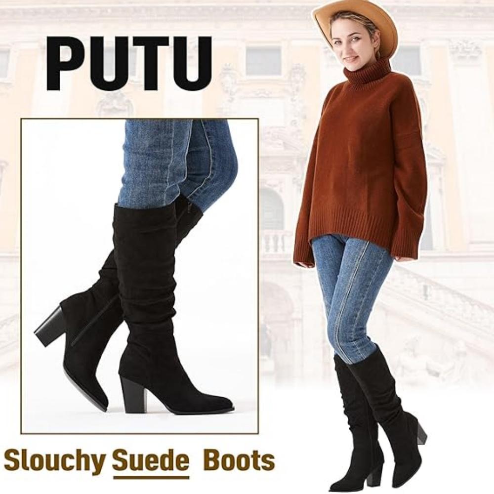 Women's Pointed Toe Knee High Boots Faux Suede Slouch Boots with Chunky Heel