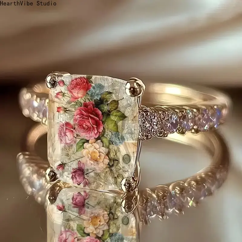 Vintage Floral Embossed Statement Ring for Women, 14K Gold Plated Adjustable Band with Three Dimensional 3D Flower, French Chunky Open Finger Jewelry, Special Occasion Wedding Gift