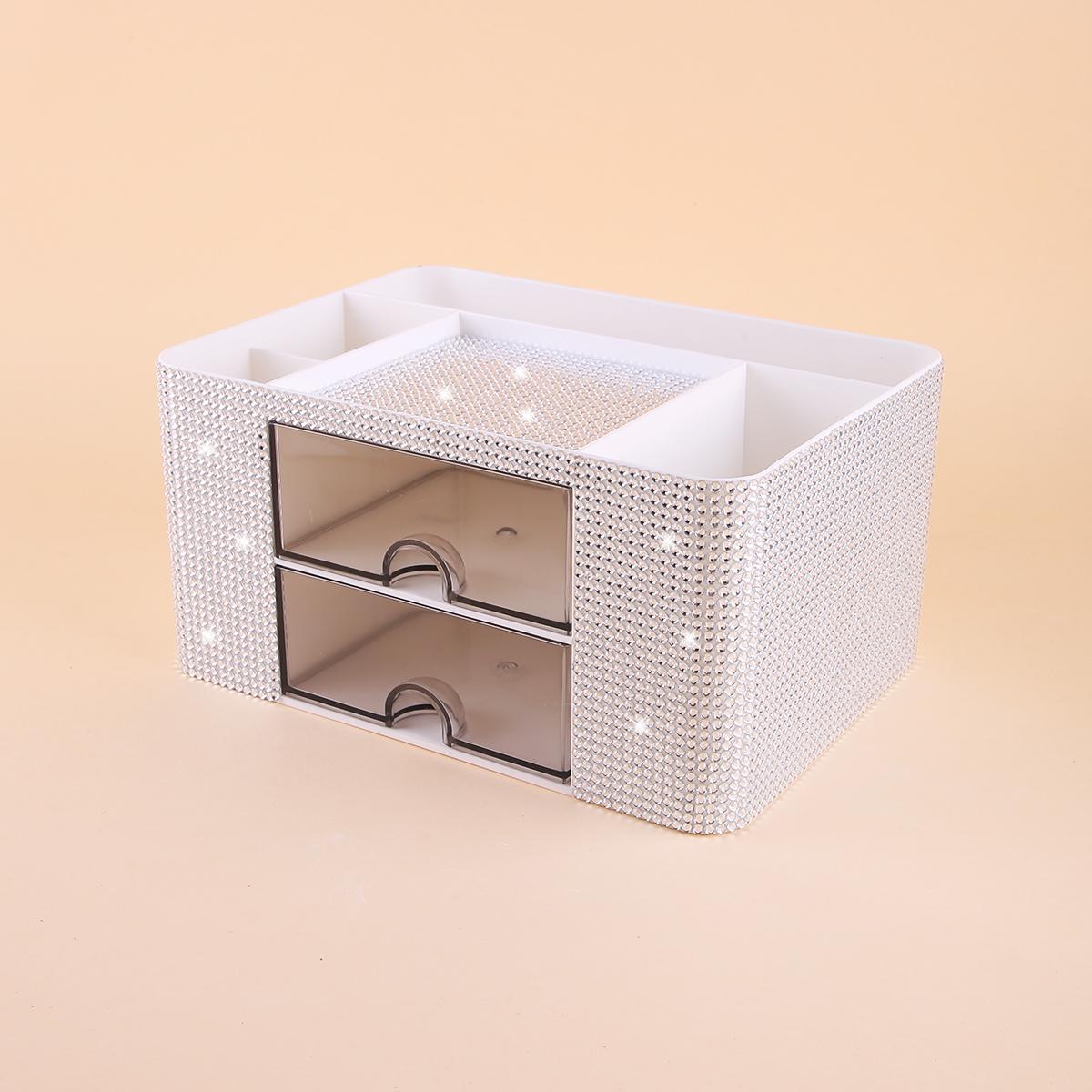 Diamond Embellished Storage Box with Drawer, Multi-Compartment Design, Makeup Brush Organizer, Cosmetic Holder, Bedroom Vanity Tray