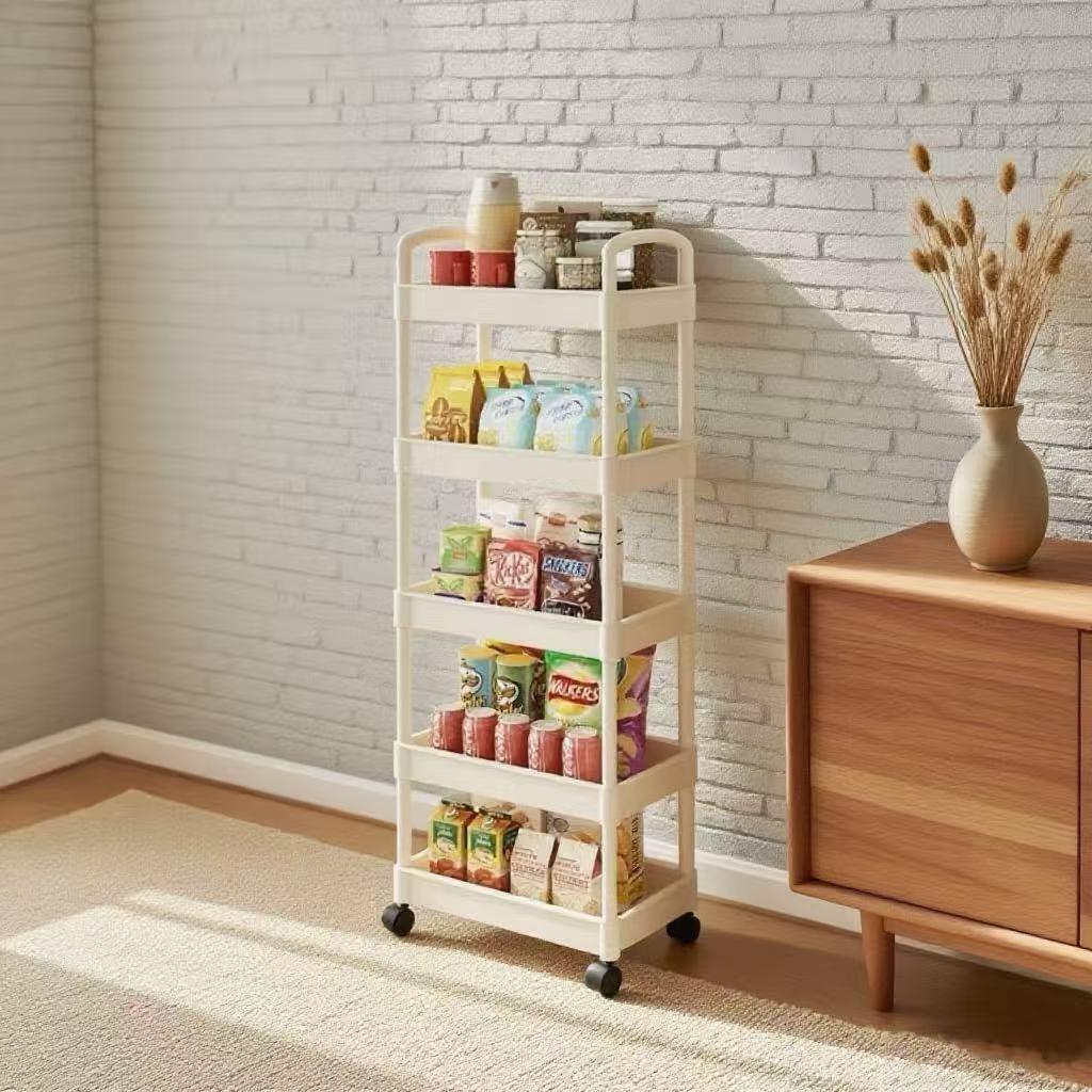 Five-Layer Durable Cart with Wheels, Space-Saving Vertical Storage Rack, Easy Install Multi-Functional Open Storage System