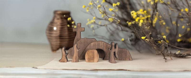 Wooden Easter Resurrection Scene Cross, Empty Tomb Easter Scene & Cross Decoration, Jesus Tomb Tray Set for Religious Home Office