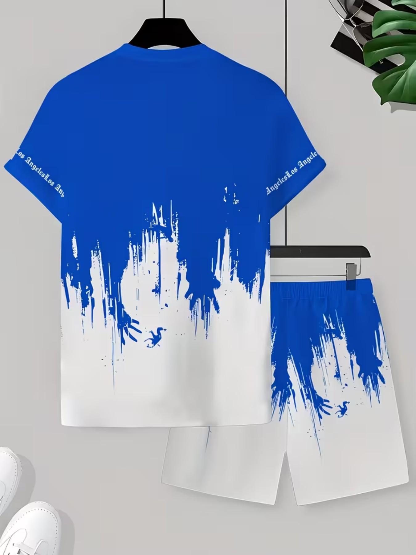 Men's Casual 2-Piece Set, Los Angeles Letter Print Short Sleeve + Shorts, Breathable Soft Summer with Drawstring Pockets