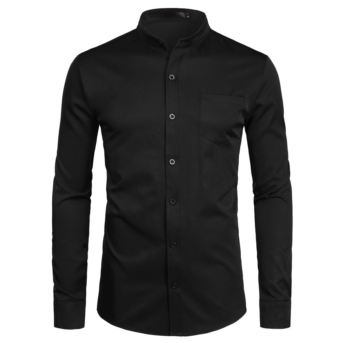 ZEROYAA Men's Banded Collar Slim Fit Long Sleeve Casual Button Down Dress Shirts with Pocket Breathable Polyester Top Black Color Menswear Beige - Fabric ZEROYAA Men's Banded Collar Slim Fit Long Sleeve Casual Button Down Dress Shirts with Pocket Breathable Polyester Top Black Color Menswear Beige - Fabric