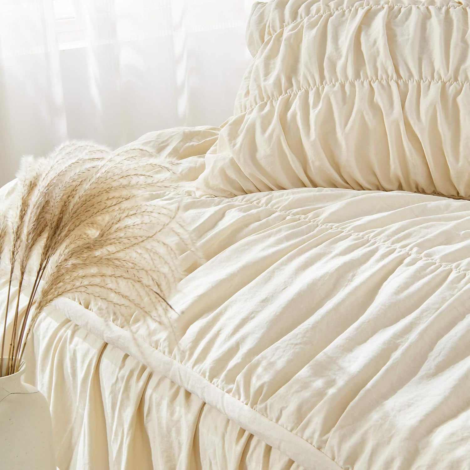 Size Comforter Set Bedding - Ruched Wheat Comforter  Bed Set Boho Shabby Chic 3 count Ruffle Comforter Set with Pillow White  Soft and Luxury