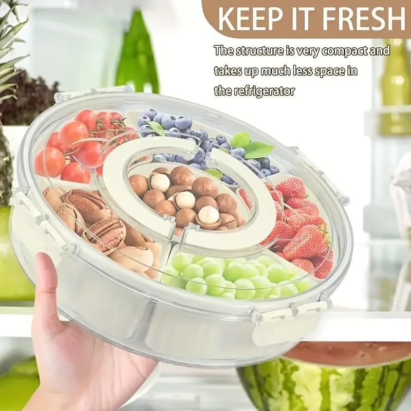 1PC - Divided Dinner Plate - with Lid and Handle / Fruit Plate / Suitable for Snacks - Portable Rotating Vegetable Plate - Suitable for Kitchen Parties Travel Picnics - Stackable Snack Box Container / Round Plastic Rotating Snack Tray with Lid