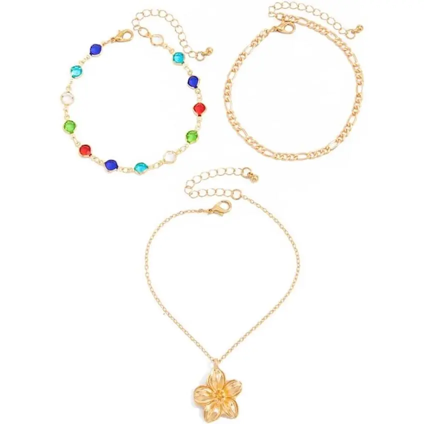 Unisex Lightweight Floral Motif Anklet - White Blue Plated Cuban Link Layered Ankle Bracelet, Adjustable Size Beach Wear Accessory for Summer Beach Use