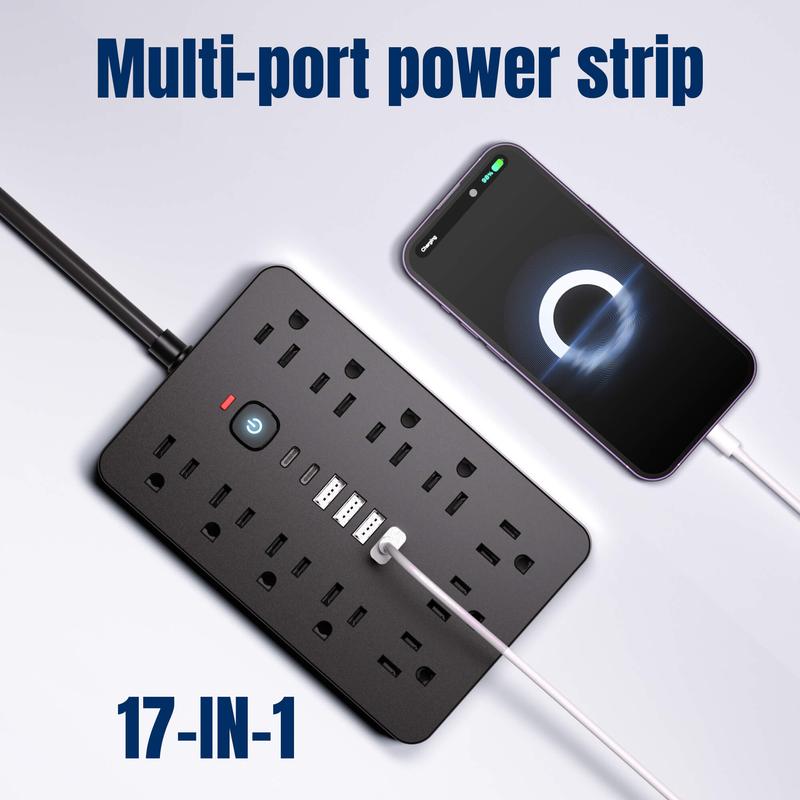 17 In 1 Surge Protector Power Strip, Wall Mounted Desktop Charging Station With 11 AC Outlets, USB & Type-C Ports, Suitable for Home, Office and Travel