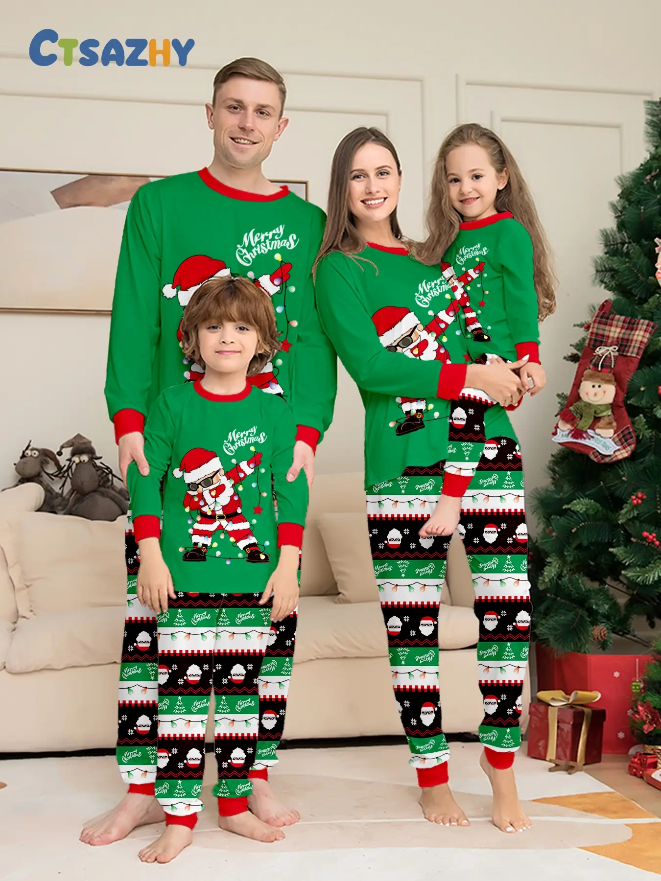 European Style Christmas Print Family Four Matching Long Pajama Two-Piece Set, Hot Sale Festive Outfit