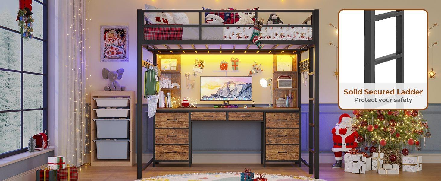 Sikaic Full Metal Loft LED Bed Frame with 8 Storage Drawers & Charging Station and 4 Open Storage Shelves Brown