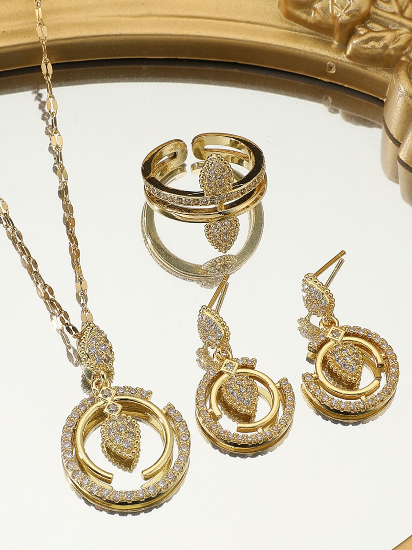 Women's Jewelry Set, 4-Piece Drop Pendant Necklace, Earrings, Ring, Letter C Zircon Pendant, Perfect for Weddings, Holiday Gifts