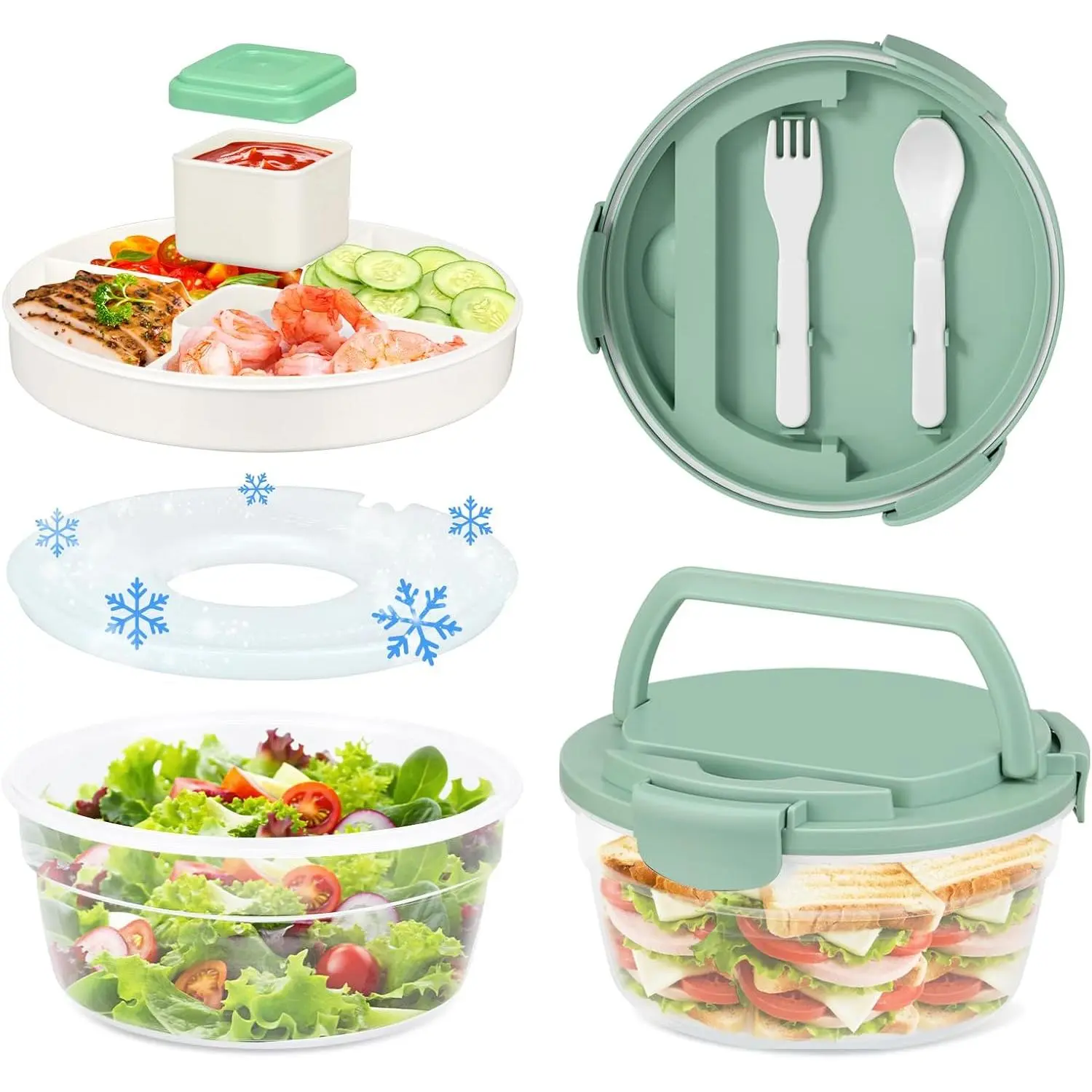 Salad Container for Lunch, Bento Lunch Box 58-oz with 4 Compartments Tray and Ice Pack, Leak-Proof Salad Bowl with Lid for Adults,  Lunch Box for Meal Prep &  Storage(Green)