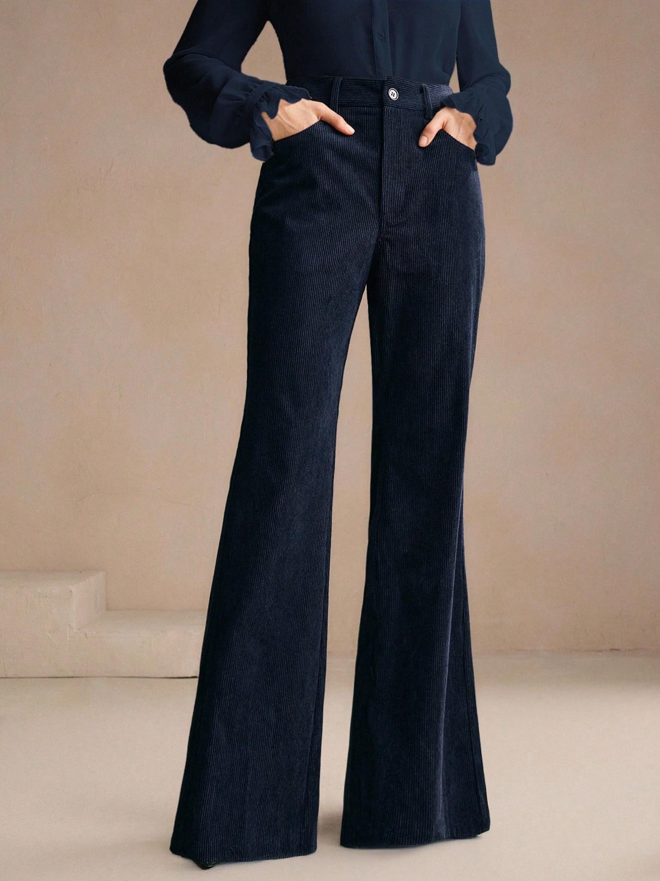 Women's Corduroy Rivet Pocket Flare Pants, Elegant Business Casual Style, Versatile Commuter Essential, Fashion Office Wear