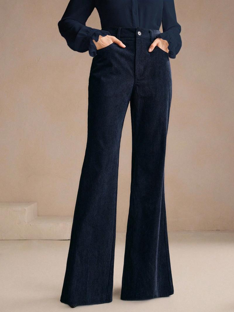 Women's Corduroy Rivet Pocket Flare Pants, Elegant Business Casual Style, Versatile Commuter Essential, Fashion Office Wear