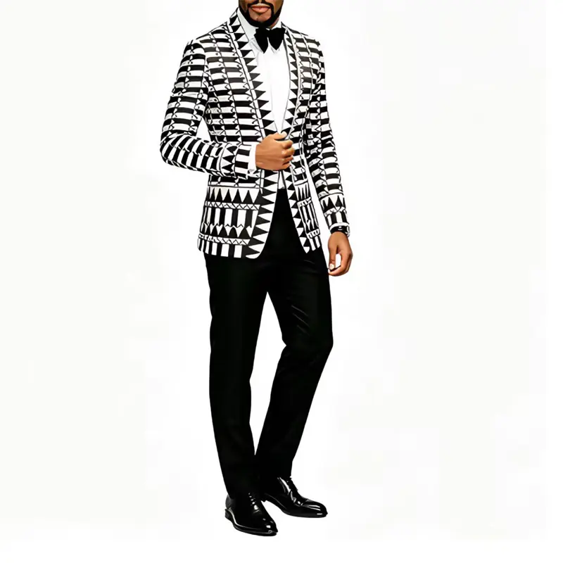 Men's Slim-Fit Open-Front Black White Geometric Print Tuxedo Blazer, Formal Evening Suit Coat for Wedding Prom, Long-Sleeve Menswear, Size S