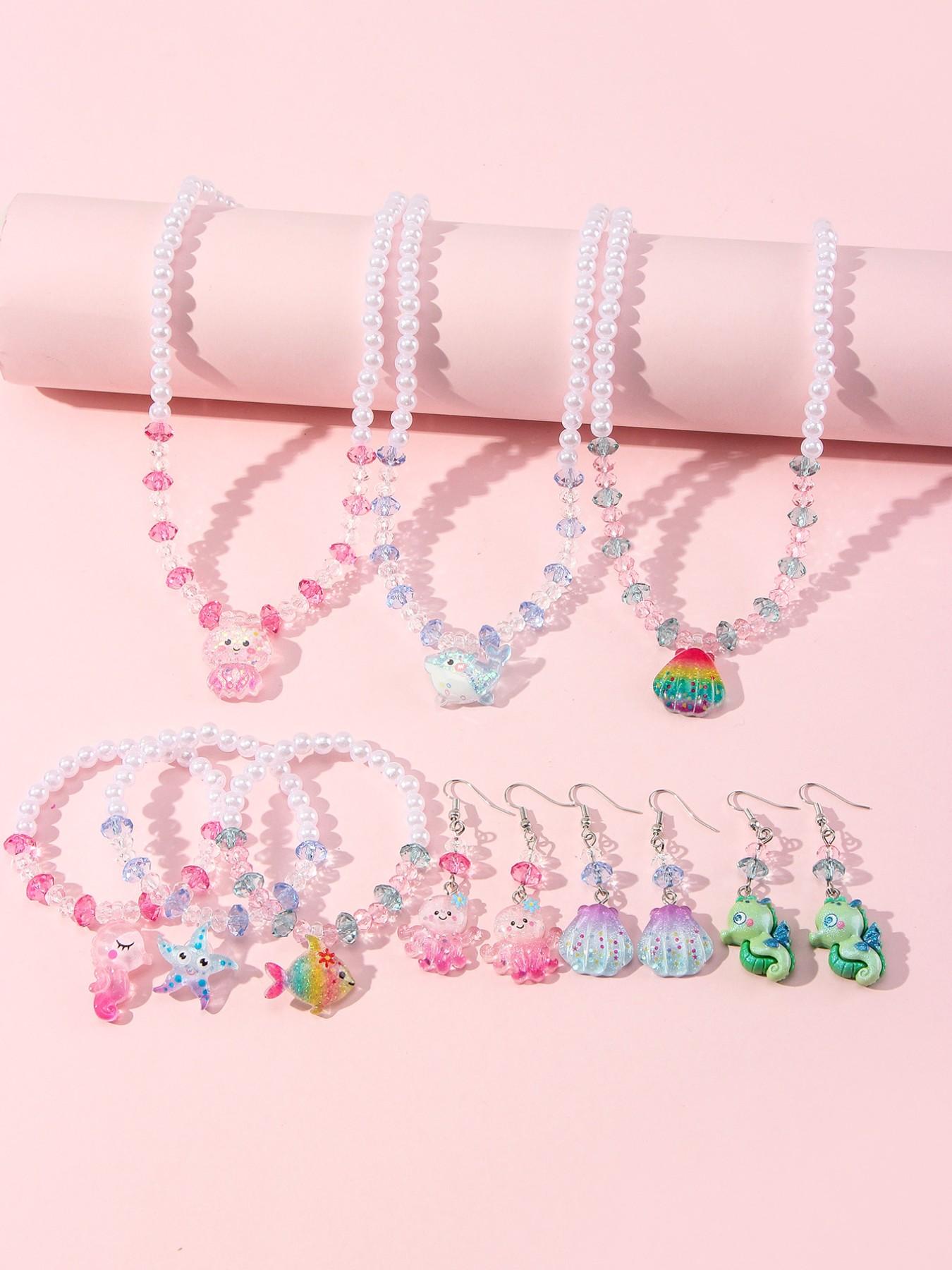 4pcs/set Acrylic Ocean Animal Pendant Pearl Bead Necklace Bracelet Set, Cute Butterfly Pattern, All Seasons, Perfect Gift for Girls