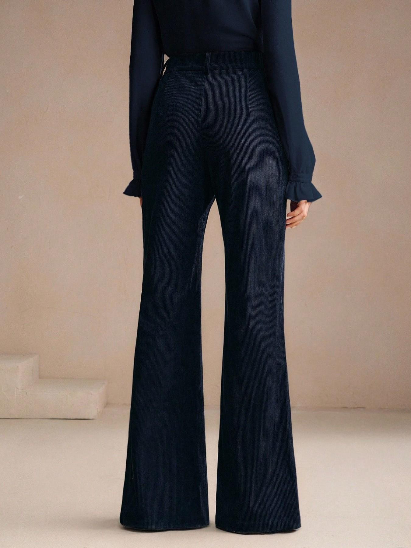 Women's Corduroy Rivet Pocket Flare Pants, Elegant Business Casual Style, Versatile Commuter Essential, Fashion Office Wear