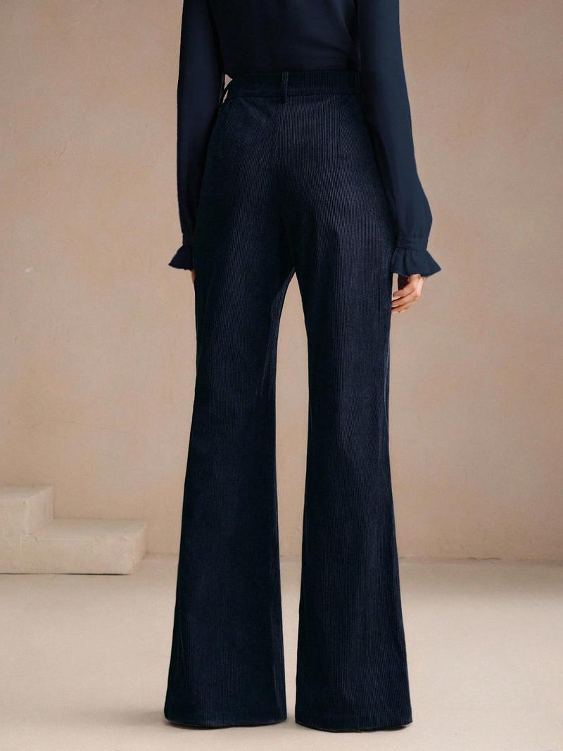 Women's Corduroy Rivet Pocket Flare Pants, Elegant Business Casual Style, Versatile Commuter Essential, Fashion Office Wear