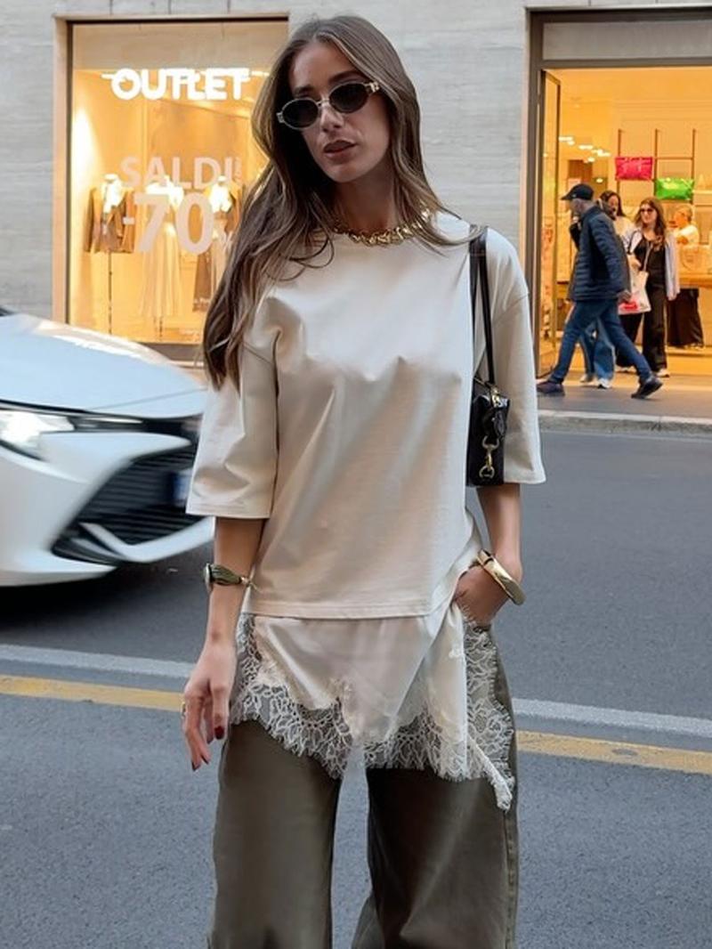 Women's Lace Patchwork Dress, Oversized Fit, Asymmetric Lace Hem, Half Sleeve, Casual Street Style, Spring & Fall Fashion