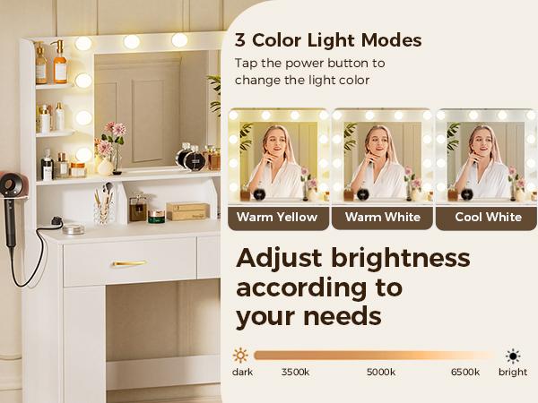 COMHOMA Makeup Vanity Desk with Mirror and Lights, Large Vanity Table with 6 Drawers & 1 Storage Cabinet, 3 Color Modes Adjustable Mirror, Furniture Luxury COMHOMA Makeup Vanity Desk with Mirror and Lights, Large Vanity Table with 6 Drawers & 1 Storage Cabinet, 3 Color Modes Adjustable Mirror, Furniture Luxury