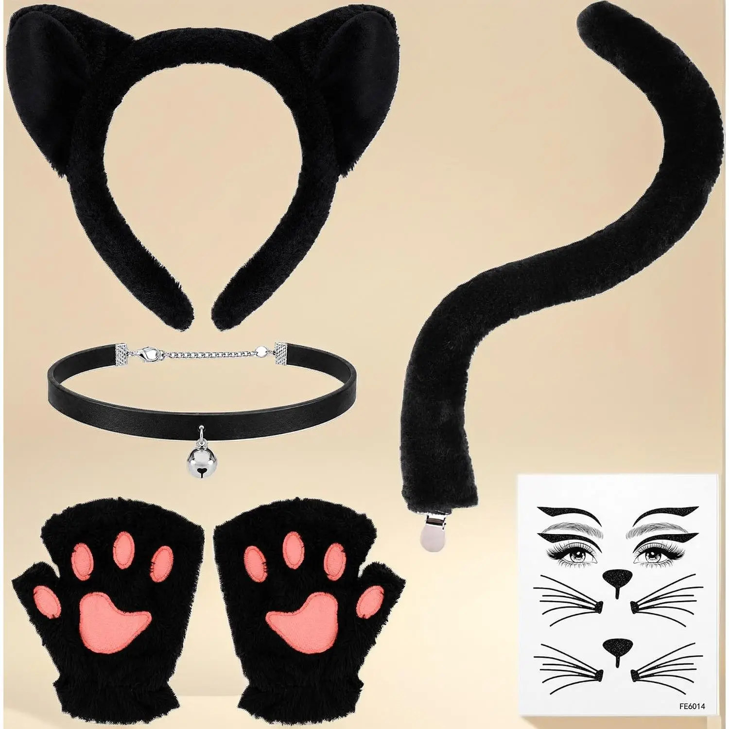 5Pcs Halloween Cat Costume Set for Adults & Kids – Cat Ears Headband, Tail, Gloves, Choker & Face Stickers for Cosplay, Role Play & Party Accessories