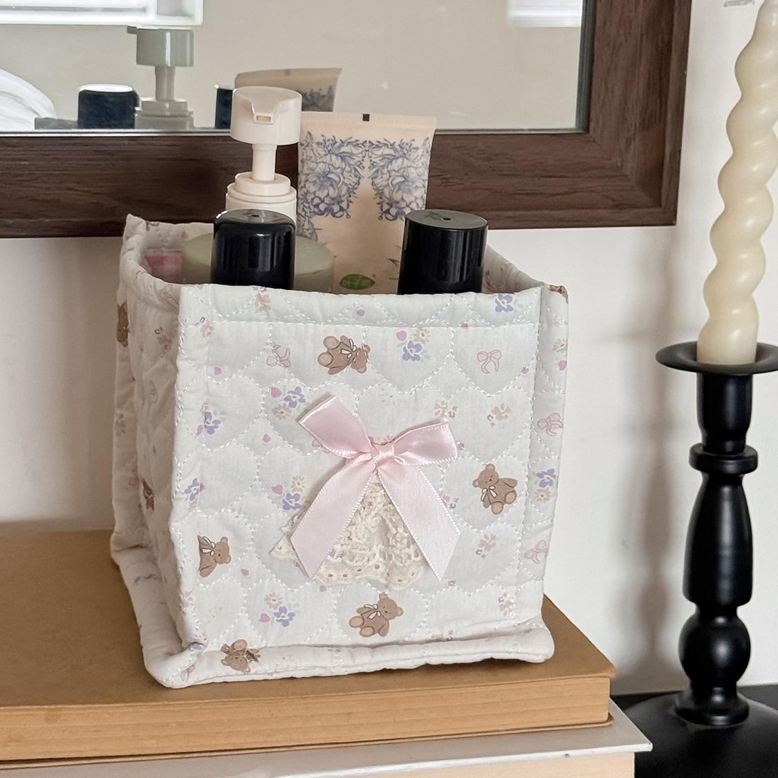 Cute butterfly quilted fabric storage basket, foldable square desktop organizer for cosmetics, skincare products, and miscellaneous items, Instagram-style floral print storage bin suitable for home, dorms, and vanity tables