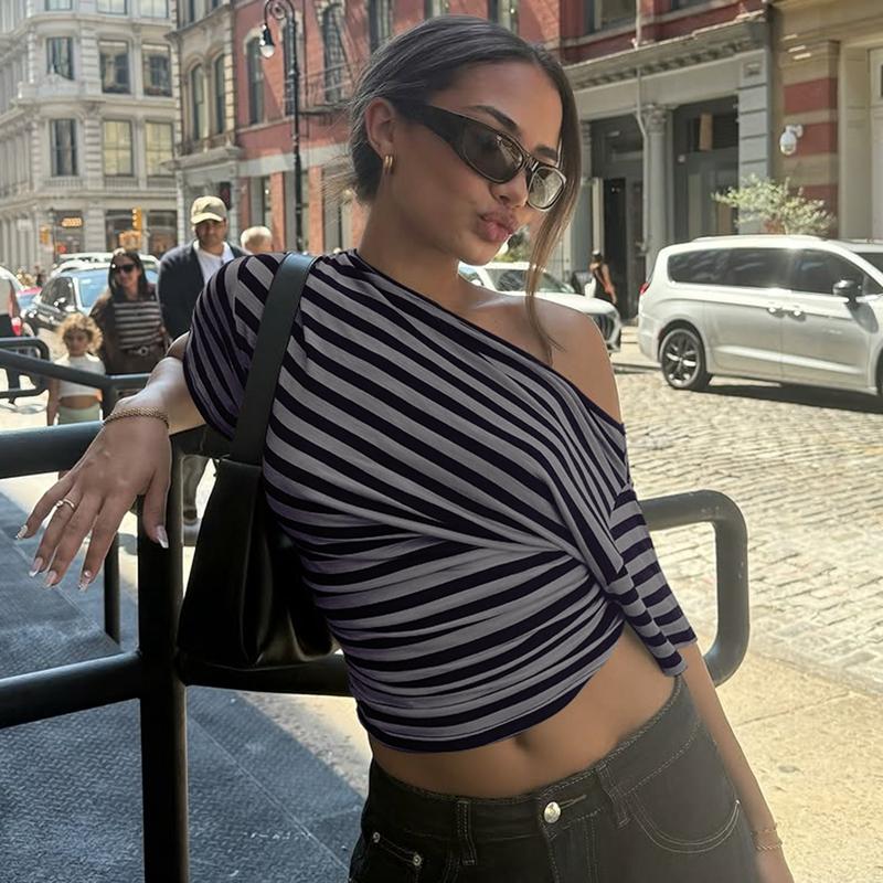 Women Summer Fashion Short Sleeve Asymmetrical One Shoulder Striped Asymmetric Hem T Shirt Tops Tee Casual Daily Tops Women Summer Fashion Short Sleeve Asymmetrical One Shoulder Striped Asymmetric Hem T Shirt Tops Tee Casual Daily Tops