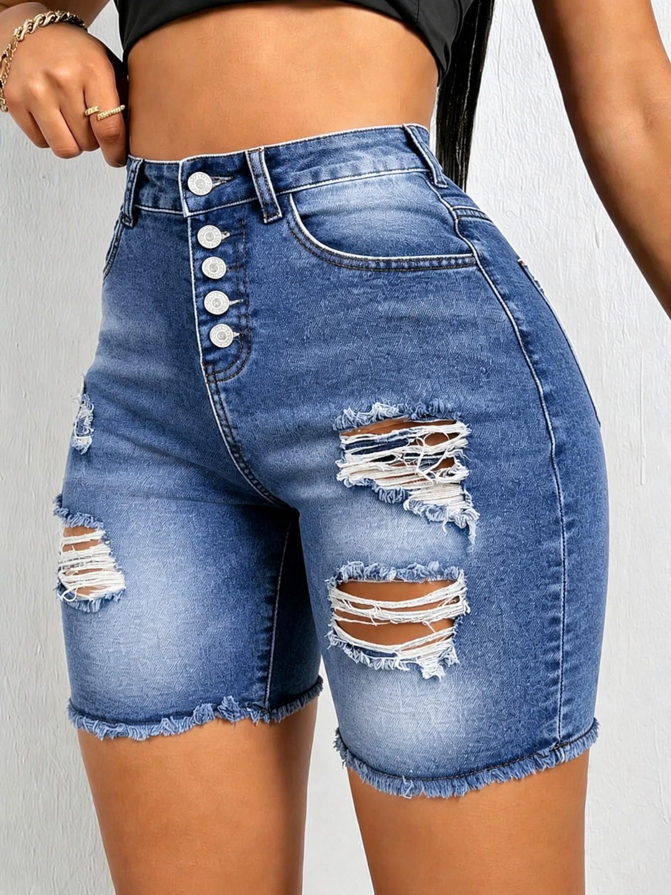Summer Fashion Women's Chic Button Front Ripped Blue Denim Jeans Shorts, High Elastic Comfort, Fitted Not Tight, Durable Street Style Mid-Waist Five-Pocket Pants