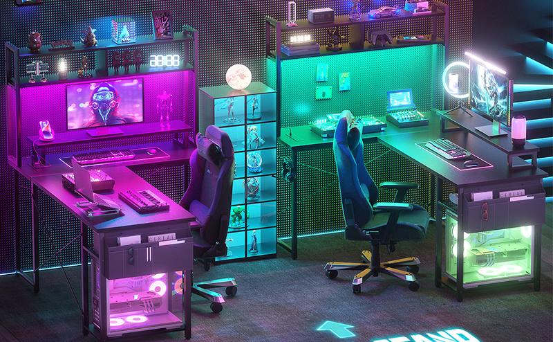 Reversible L Shaped Gaming Desk with LED Lights & Power Outlets，Computer Desk with Monitor Stand & Storage Shelf，Corner Desks Home Office Desk with Storage Bag