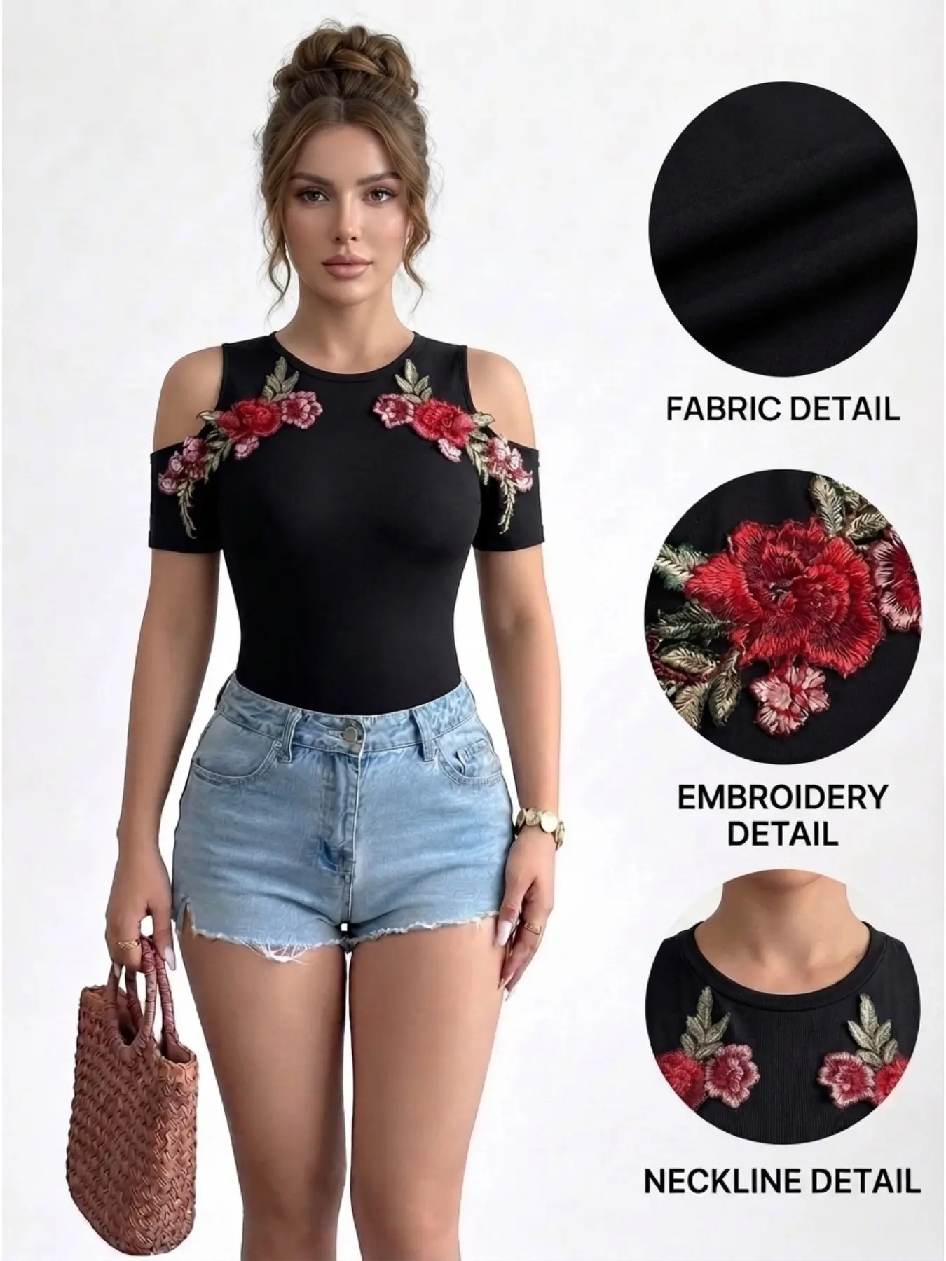 Women's Off-Shoulder Short Sleeve Rose Floral T-Shirt, Casual Classy Elegant Slim-Fitting Top, Plain Surface, No Button, Unlined, Lightweight Design, Casual Basic Top