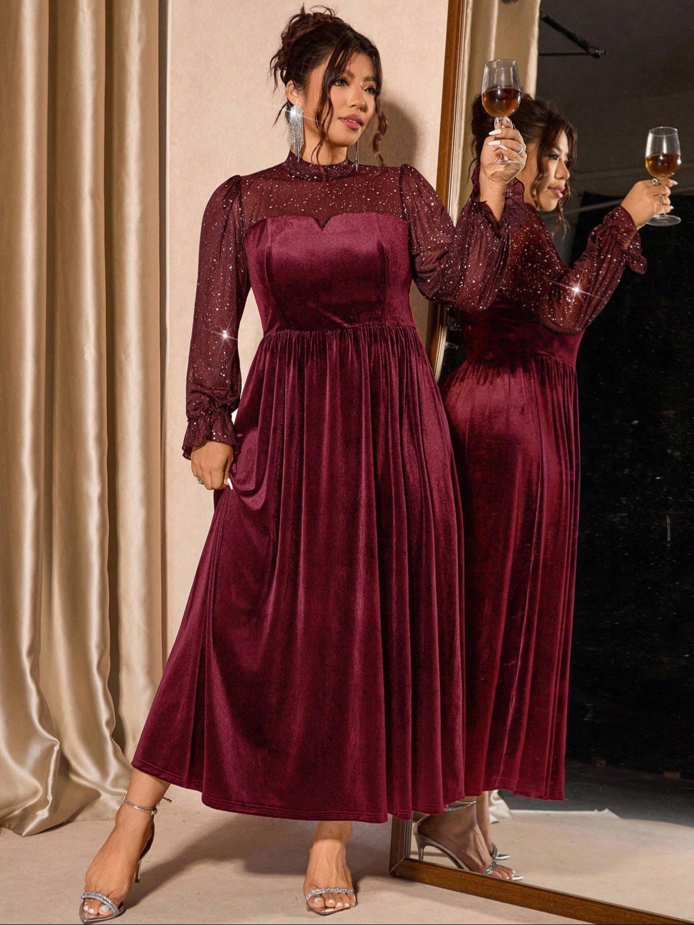 Plus Size Women's Mesh Velvet Elegant Bubble Sleeve Dress, Waist Cinched, Perfect for Parties and Gatherings, Fall & Winter Fashion