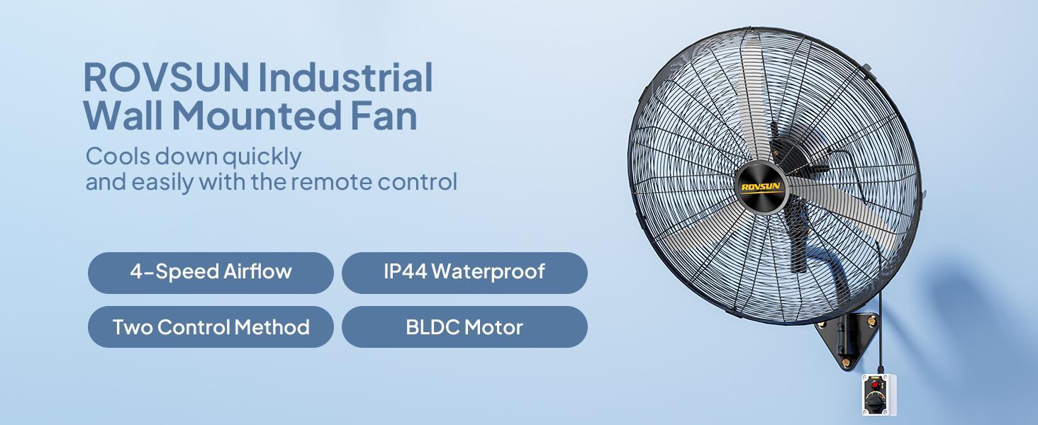 ROVSUN 20/26/30-in Wall Mounted BLDC Motor Adjustable Speed Fan, High Velocity Industrial Oscillating Waterproof Fan with Wired Remote for Garage, Patio