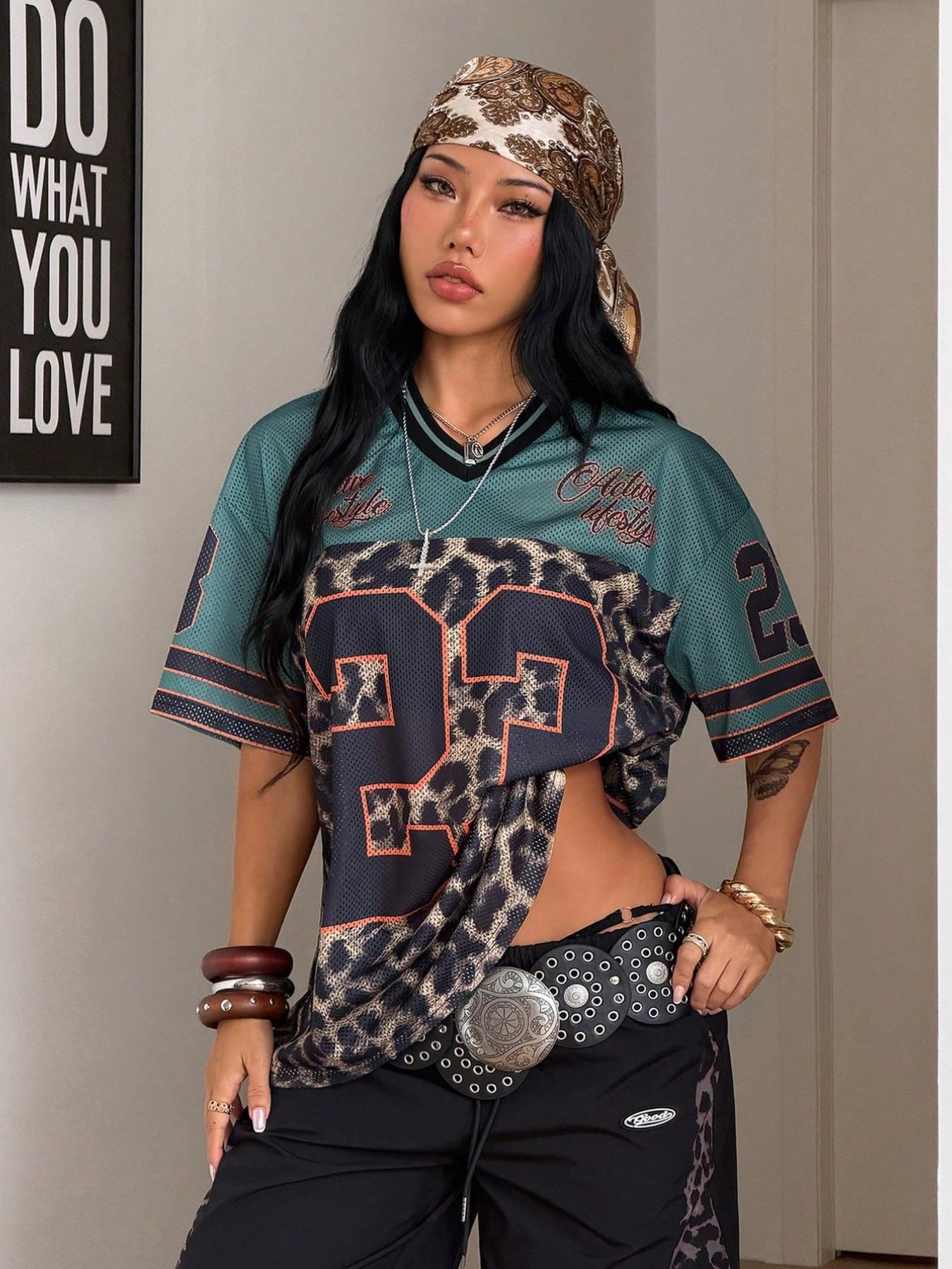 Y2K Retro Style Peregrinate 23 Leopard Print Jersey Top, Loose Fitted V-Neck Sport Tee, Hip-Hop Athletic Fashion Streetwear for All Seasons
