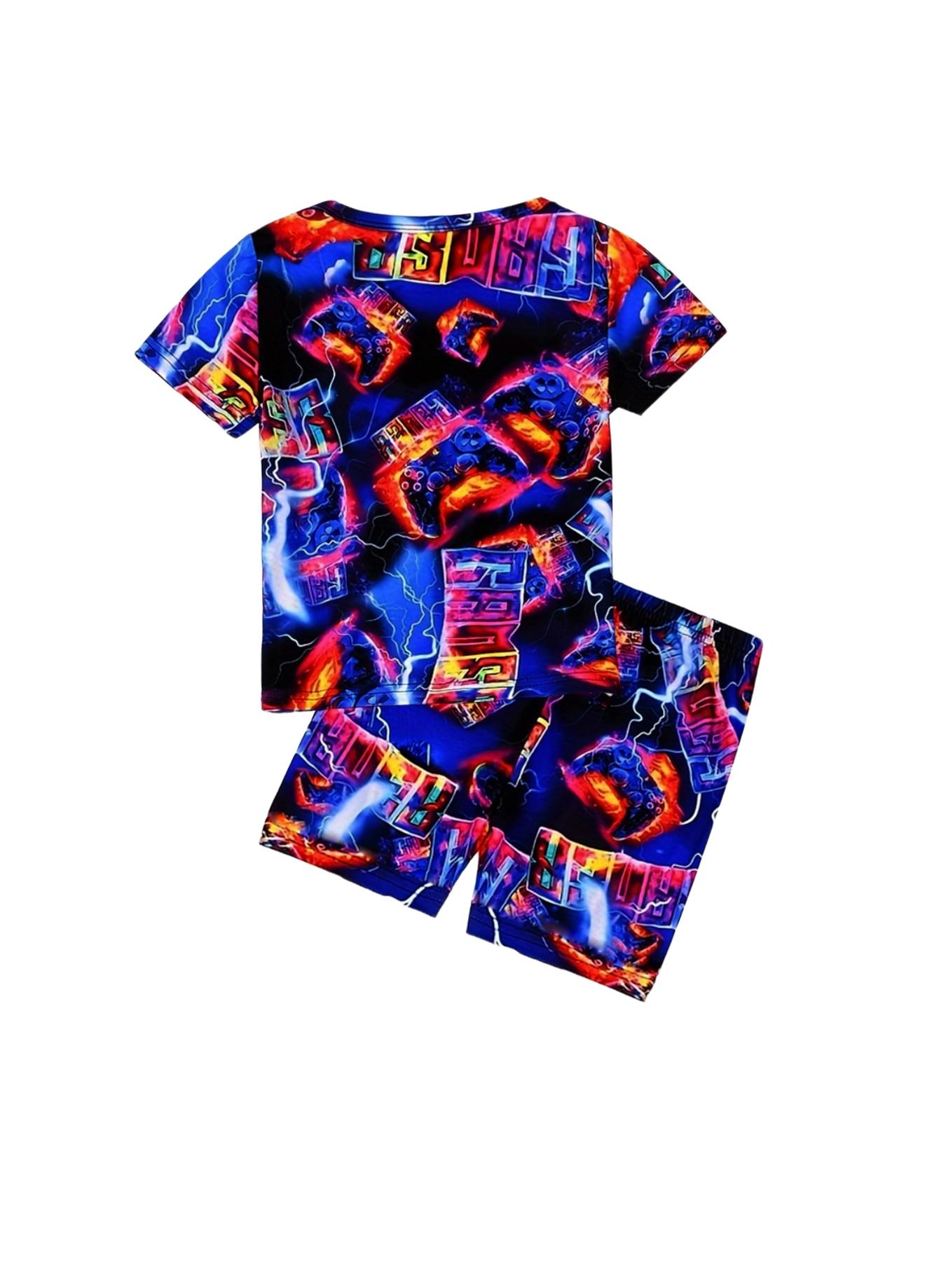 Boy Round Neck Short Sleeve Pajama Set, Cartoon Digital Print, Lightweight Comfortable, Daily Home Wear, 2-Piece Sleepwear