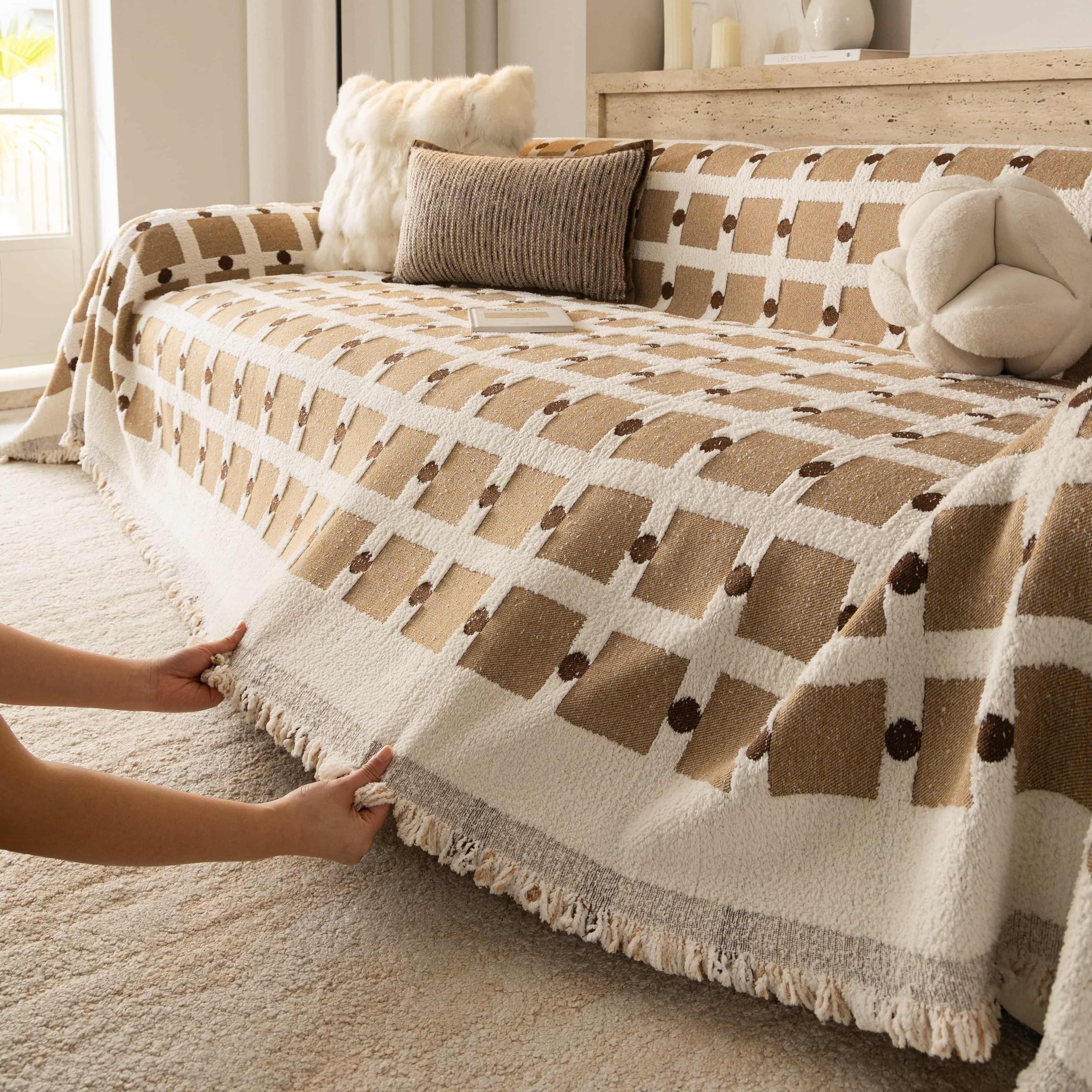 Thick Half-Fleece Sofa Cover, Vintage Checkered Sofa Towel, All-Season Universal Sofa Set, Anti-Scratch, Anti-Dirt, Anti-Slip, Boho Style
