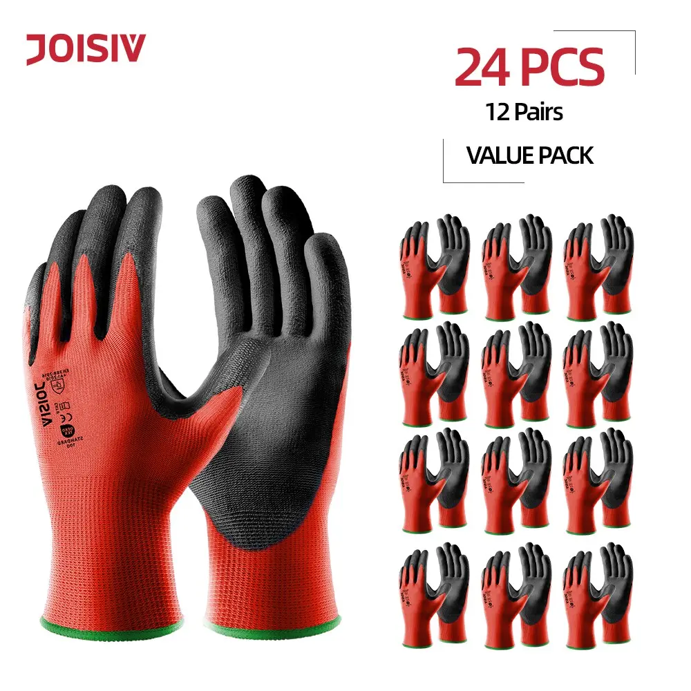 Joisiv PU Immersion Safety Gloves, 12 Pairs, Anti-Slip, Durable, Breathable, Comfortable, Ideal for Construction, Warehouse, Gardening, Logistics