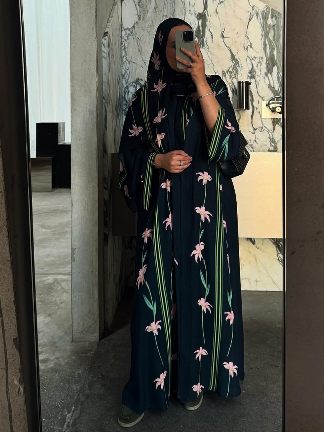 Women's Floral Print Long Sleeve Abaya Set with Hijab, Elegant Casual Islamic Clothing for Daily Wear, Suitable for All Seasons