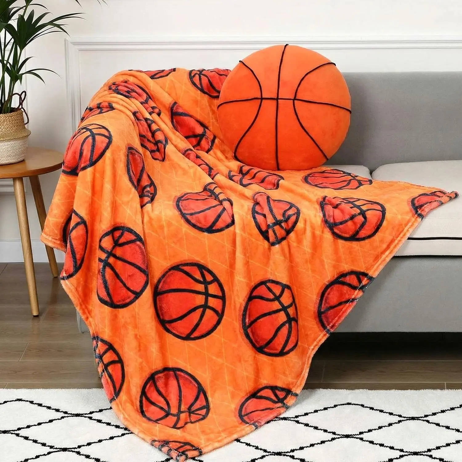 2 Pcs Basketball Throw Blanket and Pillow Set, 40 x 50 Inch Soft Flannel Blanket Fluffy Stuffed Plush Pillow Cushion Basketball Team Gifts for Boys Girls Teens Sport Lovers Bedroom Decor