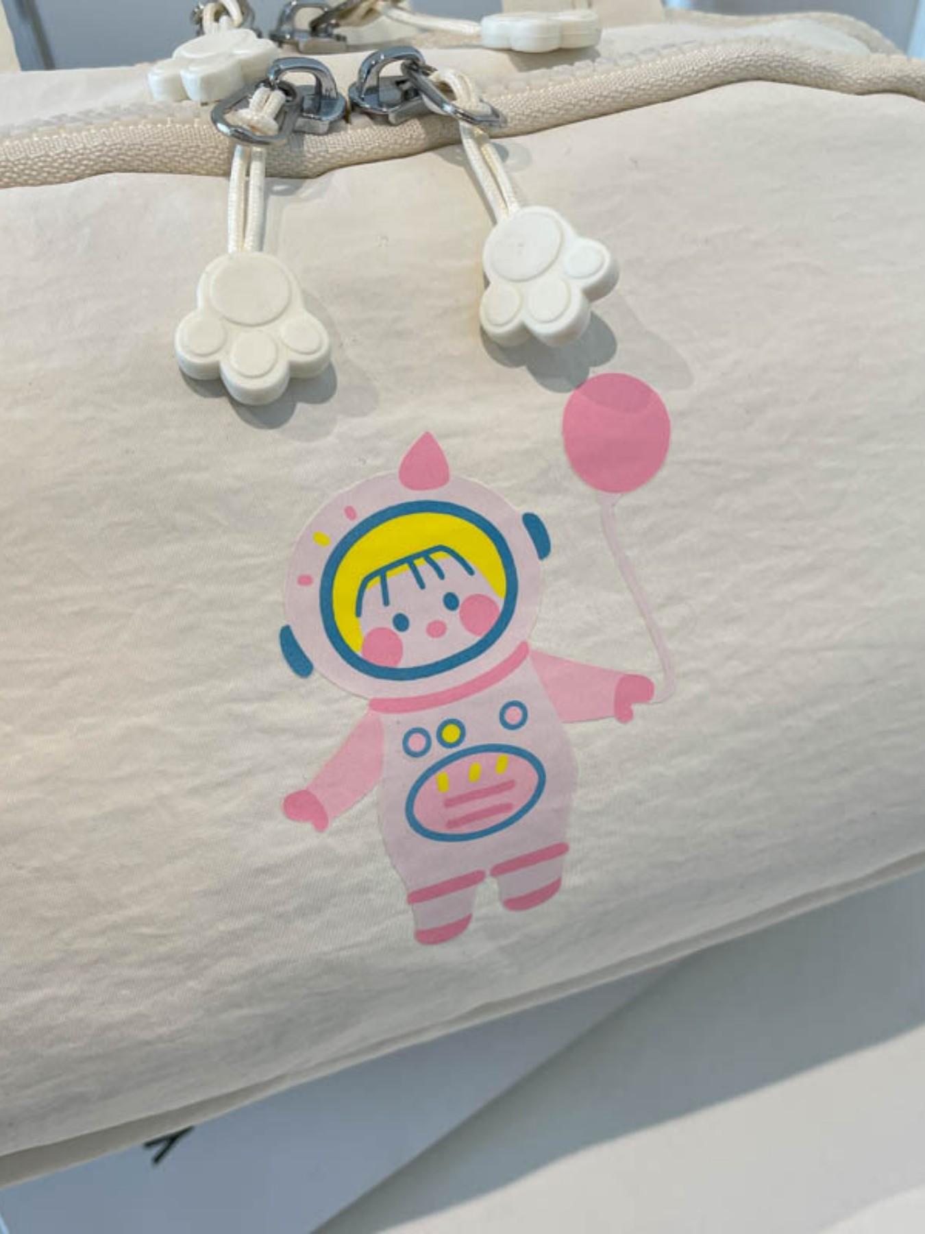 Cute Astronaut Print Multi-Compartment Makeup Bag, Waterproof Nylon Material, Travel Portable Cosmetic Organizer, Handbag with Multiple Pockets