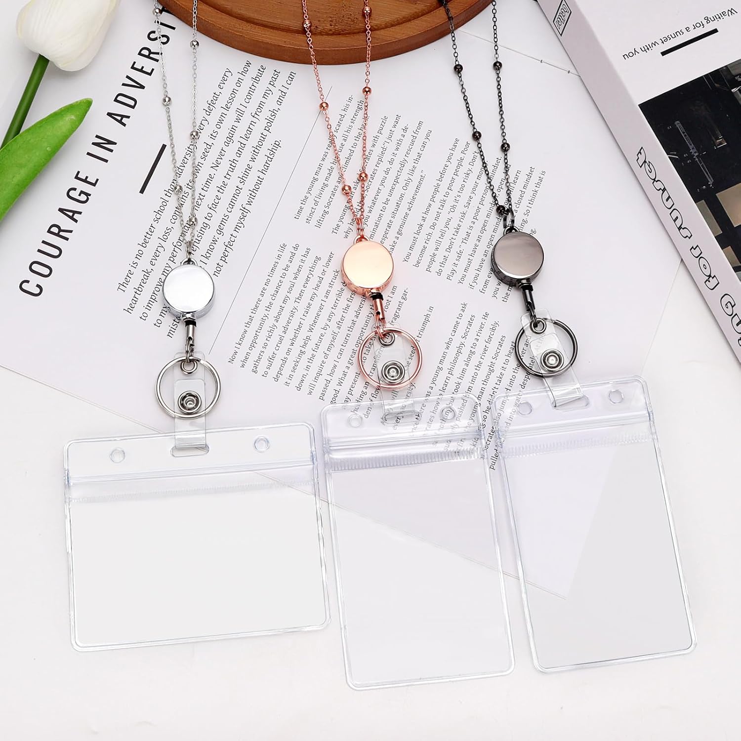 3 count Lanyard Necklace for Id Badges, Beaded Badge Lanyards with  Id Card Holders, Stainless Steel Badge Chain with Retractable Badges Reel Clips for Adults, Nurse, Teacher