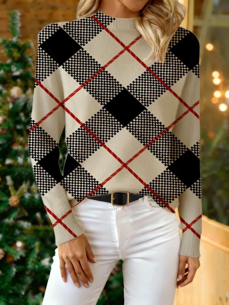 Women's Tartan Print Stand Collar Sweater, Fall & Winter Casual Long Sleeve Knitwear, Comfortable Warm Fitted Top for Daily Wear, Knitted Sweater