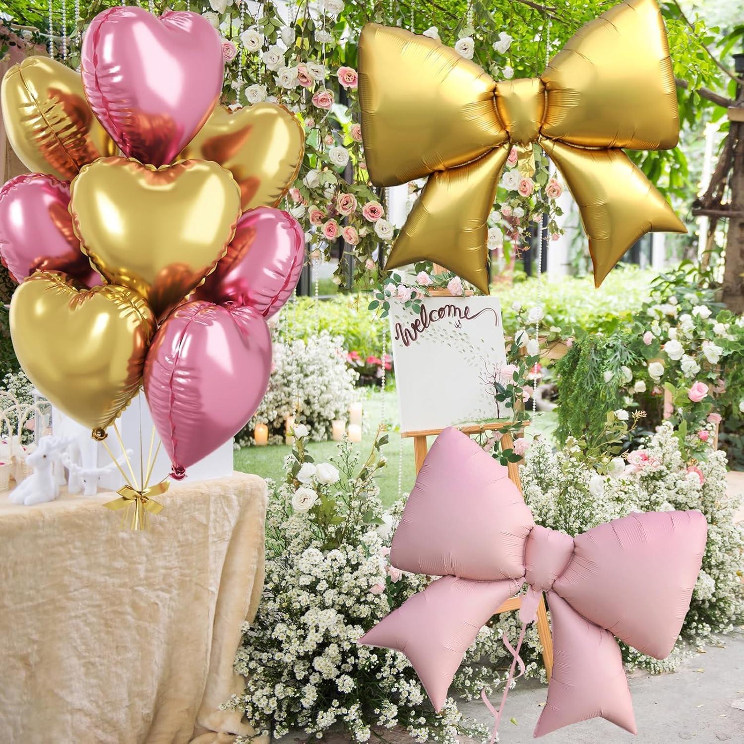 Pink and gold heart-shaped bow balloons, 8 18 inch heart-shaped balloons and 2 38 inch bow balloons (with 2 accessories), suitable for girls' birthdays, Valentine's Day, baby showers, wedding anniversary decorations