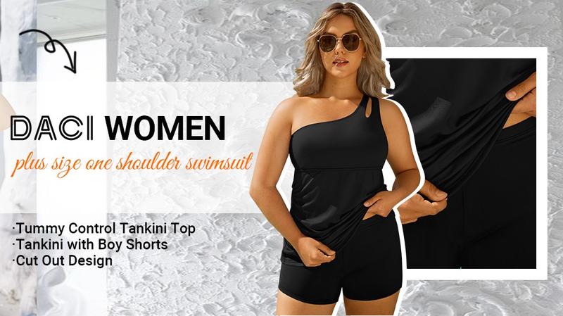 Daci Women Plus Size Tankini Swimsuit Two Piece Tummy Control Bathing Suits One Shoulder Swimwear with Shorts