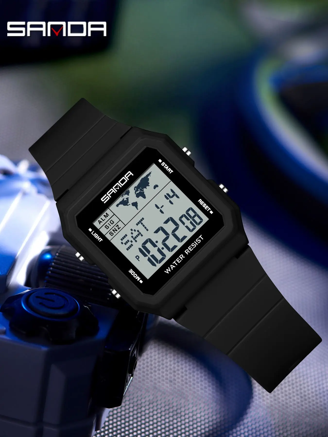 Sanda 2217 Retro Square Electronic Watch, World Map Dial, 50m Waterproof Wrist Watch, Dual Time Zone, Night Light, Thin Student Watch