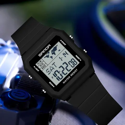 Sanda 2217 Retro Square Electronic Wrist Watch, World Map Dial, 50‑Meter Water‑Resistant, Dual Time Zones, Luminous Display, Student Watch, Digital Wrist Watch
