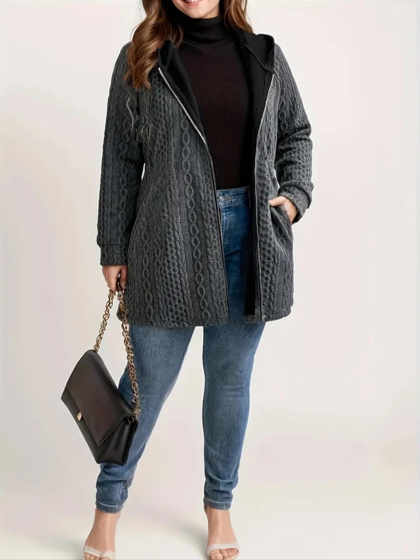Plus Size Cable Knit Hooded Cardigan– Casual Zipper Front, Trendy Daily Outfit, Cozy Knit Jacket, Office Layering Coat, Y2K Aesthetic Clothes, Matching Jeans & Turtlenecks