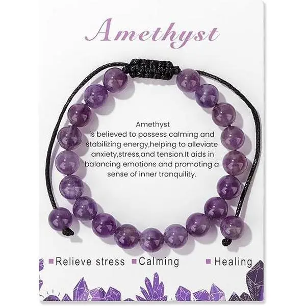 8mm Purple Glass Beaded Bracelet for Men Women, Adjustable Black Wax Cord Woven Wrap Bracelet, Amethyst Color Stress Relief Calming Jewelry, Gift with Display Card