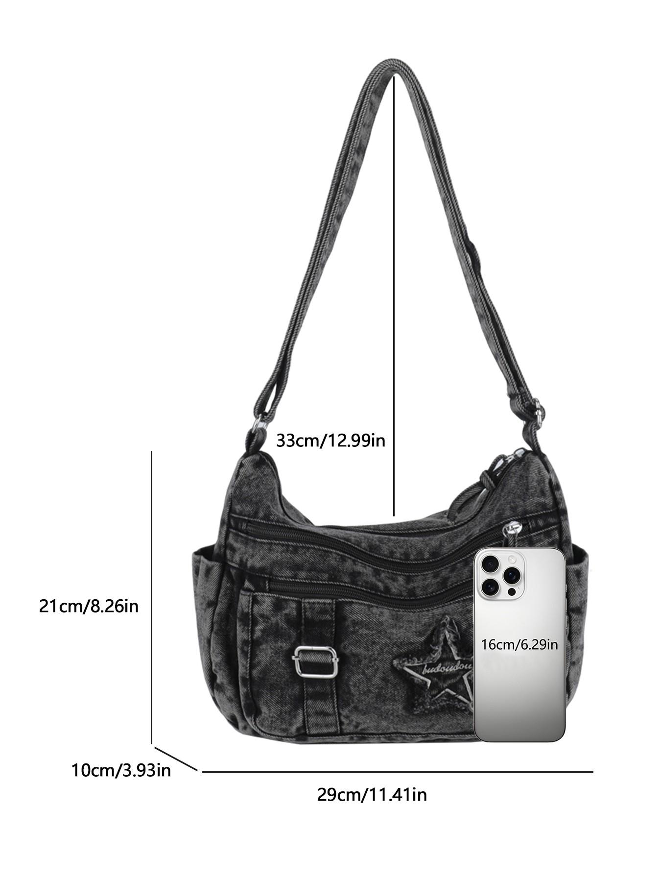 Casual retro texture Denim shoulder bag, Denim shoulder satchel, practical versatile crossbody bag, with multiple zippered pockets and a five pointed star pattern printed, suitable for commuting, shopping